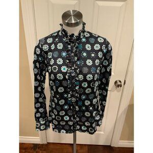 Caliban Blue Geometric Print Ruffle Button-Up Shirt Size 12 44 $320 NWT